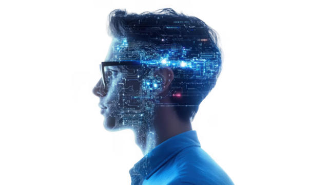 Innovative concept of human intelligence enhanced by technology isolate on transparent background, cutout