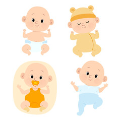 Set of funny newborn baby boys in diapers and clothes