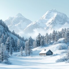 A cozy cabin nestled among snow-covered trees with majestic mountains in the background. Perfect for winter-themed designs or travel promotions.