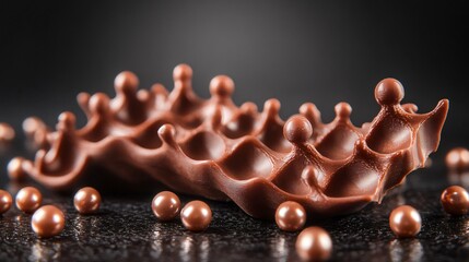 A 3D-printed chocolate sculpture paired with edible metallic pearls, isolated on a glossy black background