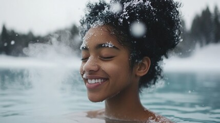 Fototapeta premium Joyful winter swimming bliss captured in frosty snowy landscape scene. Cold Plunge. Winter ice bath, cold bath. Snow swimming, cold water therapy