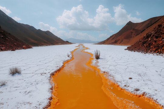 Vivid Orange River Through Desert Landscape with Mountains