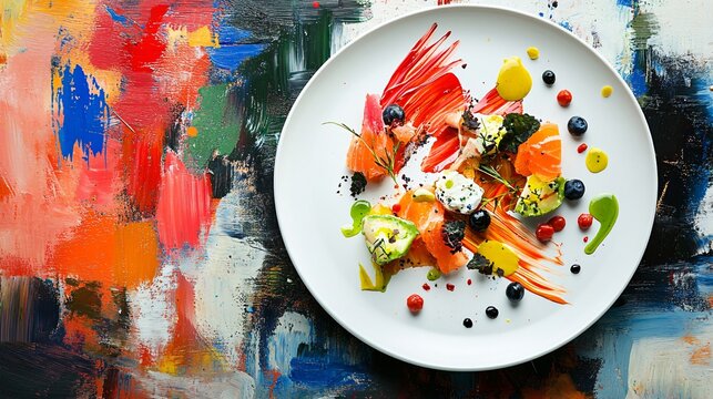 Naklejki A dish featuring food plated to mimic abstract art brushstrokes, isolated on a painter’s palette surface
