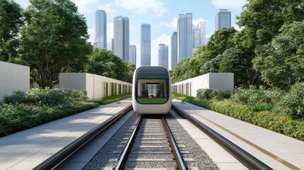 Obraz premium Retrofit infrastructure for sustainable investment. Modern train on tracks with urban skyline in the background.