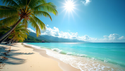 Serene tropical beach with turquoise waters and palm trees, tranquil escape