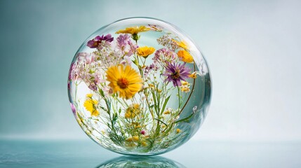 A translucent gelatin sphere filled with edible flowers and herbs, isolated on a reflective glass background