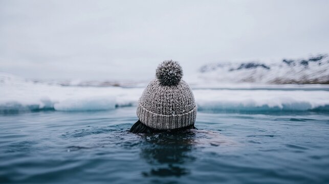 Winter swim adventure in icy waters with warm hat. Cold Plunge. Winter ice bath, cold bath. Snow swimming, cold water therapy