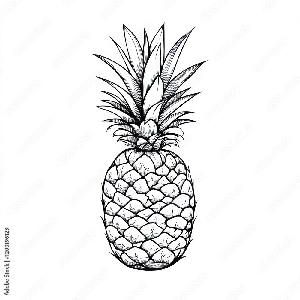 Poster Detailed illustration of a pineapple showcasing its unique texture and shape in a minimalist style with a white background. Generative AI