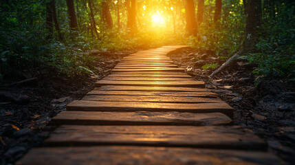 A symbolic wooden path winding through a serene natural landscape, representing the journey to success. Modern blurred background with space for copy enhances versatility for creative projects.
