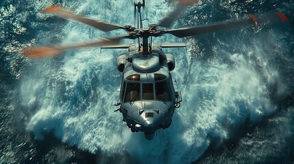 Military helicopter performs water rescue mission during daylight at sea