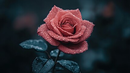 Beautiful pink rose covered in dew against a dark background during early morning hours