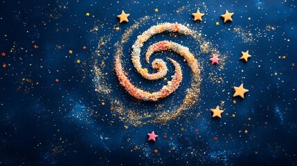 Food arranged in the shape of a spiral galaxy, with edible glitter stars, isolated on a deep blue surface
