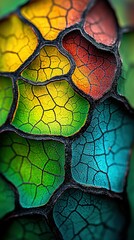   A macro shot of a colorful stained glass artwork resembling a blossom