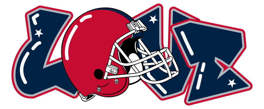 love - Navy blue and red  football player helmet, sport vector graphics, hockey, for street art - graffiti lettering typography - art illustration - multicolor - writen	