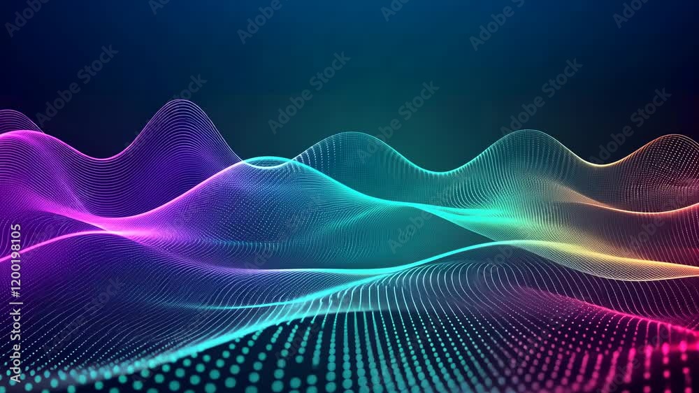 Fototapete Video with Dive into a dynamic digital world with a vibrant and abstract landscape of undulating waves created by a grid of glowing particles. The waves display a spectrum of colors, from bright pinks