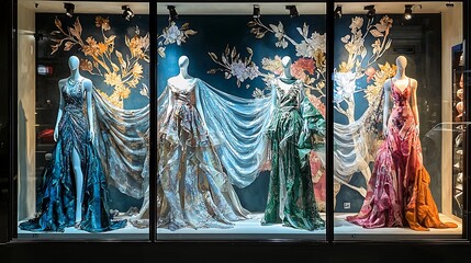 Captivating window display a trendsetting fashion shop featuring exquisite mannequins dressed in unique clothing designs