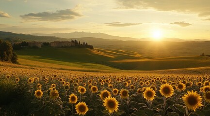 Fototapeta premium Breathtaking view of sunflowers blooming in the rolling hills