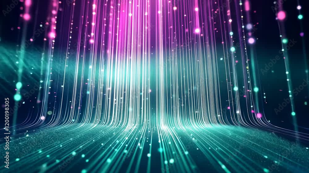 Fototapete Video with a mesmerizing digital world with a blue and purple abstract background adorned with a shimmering glitter effect. Vertical lines of light cascade from top to bottom, creating a dynamic and e