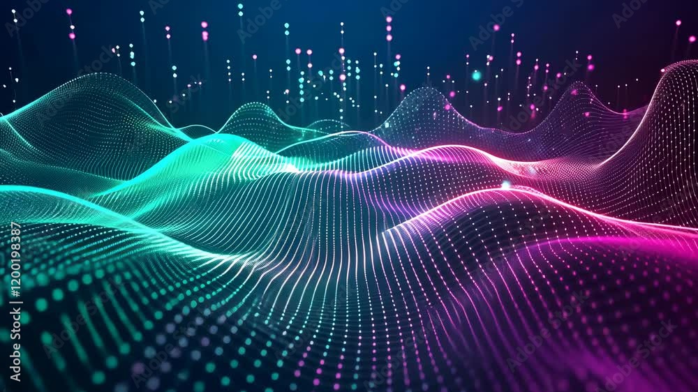 Aufkleber video with experience a mesmerizing digital landscape created by a grid of glowing points in shades 