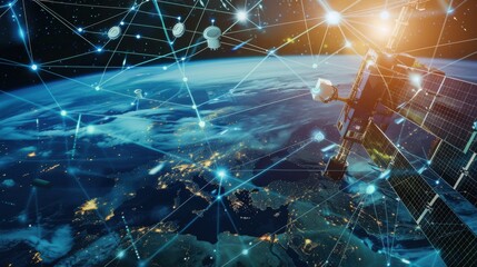 An advanced satellite communications facility with antennas tracking satellites in orbit and transmitting data worldwide, Satellite communications facility scene, Global connectivity style