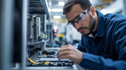 A US technician replacing computer hardware in a factory setting, isolated on white,