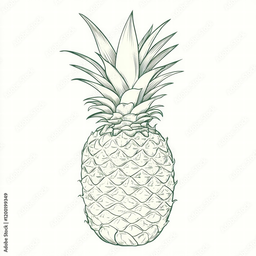 Poster detailed illustration of a pineapple showcasing its unique texture and spiky leaves in a simple desi