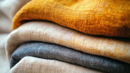 Close-up of neatly folded, textured fabric in warm tones showcasing a cozy textile arrangement