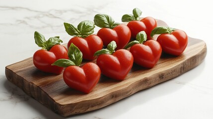 heart-shaped cherry tomatoes, beautifully arranged on a rustic wooden board with fresh basil leaves, soft natural lighting