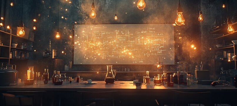Vintage Science Laboratory with Beakers and Softly Blurred Whiteboard, Formulas for Overlay Text
