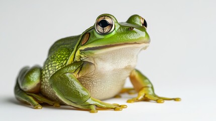 Obraz premium A vibrant green frog sitting on its hind legs, its eyes wide, isolated on a clean white backdrop,