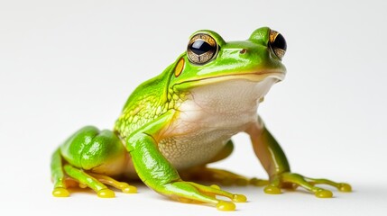 Obraz premium A vibrant green frog sitting on its hind legs, its eyes wide, isolated on a clean white backdrop,