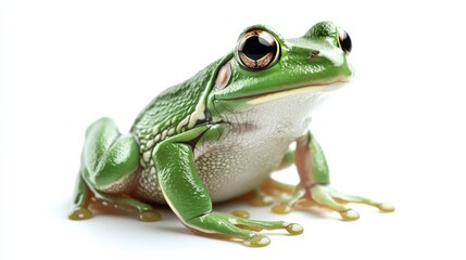 Obraz premium A vibrant green frog sitting on its hind legs, its eyes wide, isolated on a clean white backdrop,
