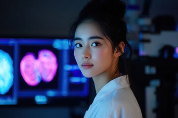 Young scientist in lab analyzing brain scans