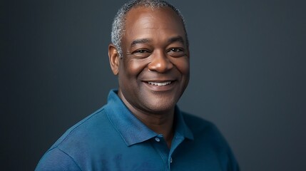 Fototapeta premium Senior Black man in his 60s, smiling warmly in a blue polo shirt