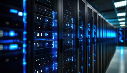 Dark tech server room filled with computer racks. Secure environment hosts critical systems. Advanced tech facilities support data centers. Digital infrastructure for crypto mining. Modern datacenter