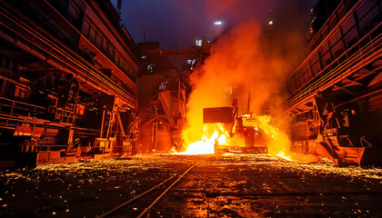 Dramatic nighttime shot of molten metal pouring in a steel mill. Intense flames and sparks illuminate the industrial setting, showcasing heavy machinery and the powerful energy of metal production.