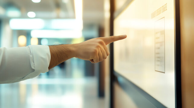 Employee pointing at a job posting board in the office, rallying others to participate in the referral initiative