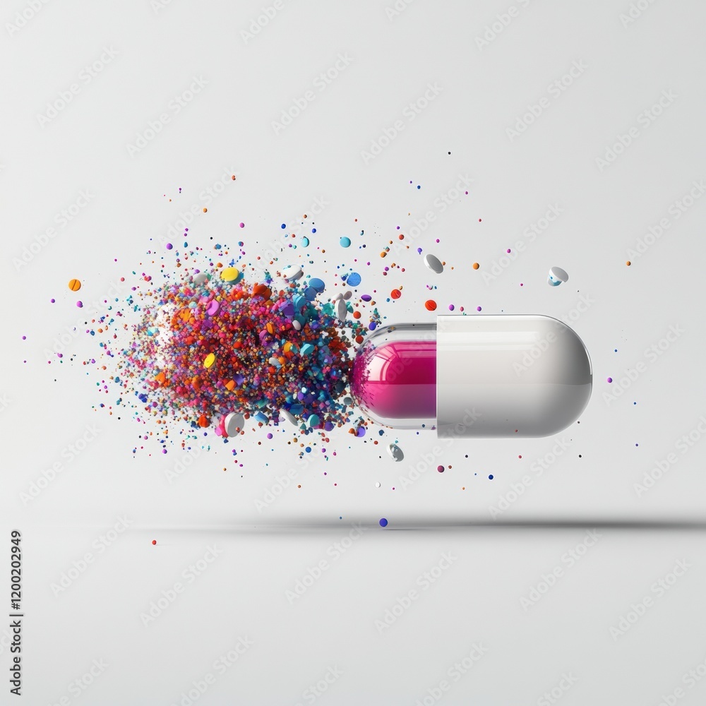 Leinwandbilder colorful particles burst from split capsule creating a vibrant display of health and wellness. gener