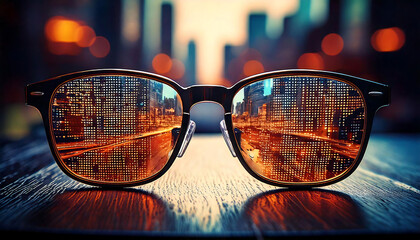Stylish sunglasses reflecting a vibrant cityscape at sunset.  Perfect for travel, urban lifestyle, or vision/future concepts.  High-quality image with rich colors and bokeh effect.