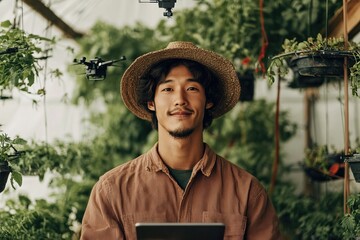 Innovative farming technology in greenhouse with drones and sustainable techniques. Cyber Farmer of the Future