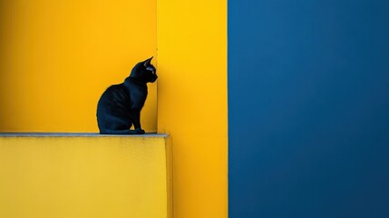 A sleek black cat perched on a ledge against a vibrant yellow and blue wall, observing its surroundings