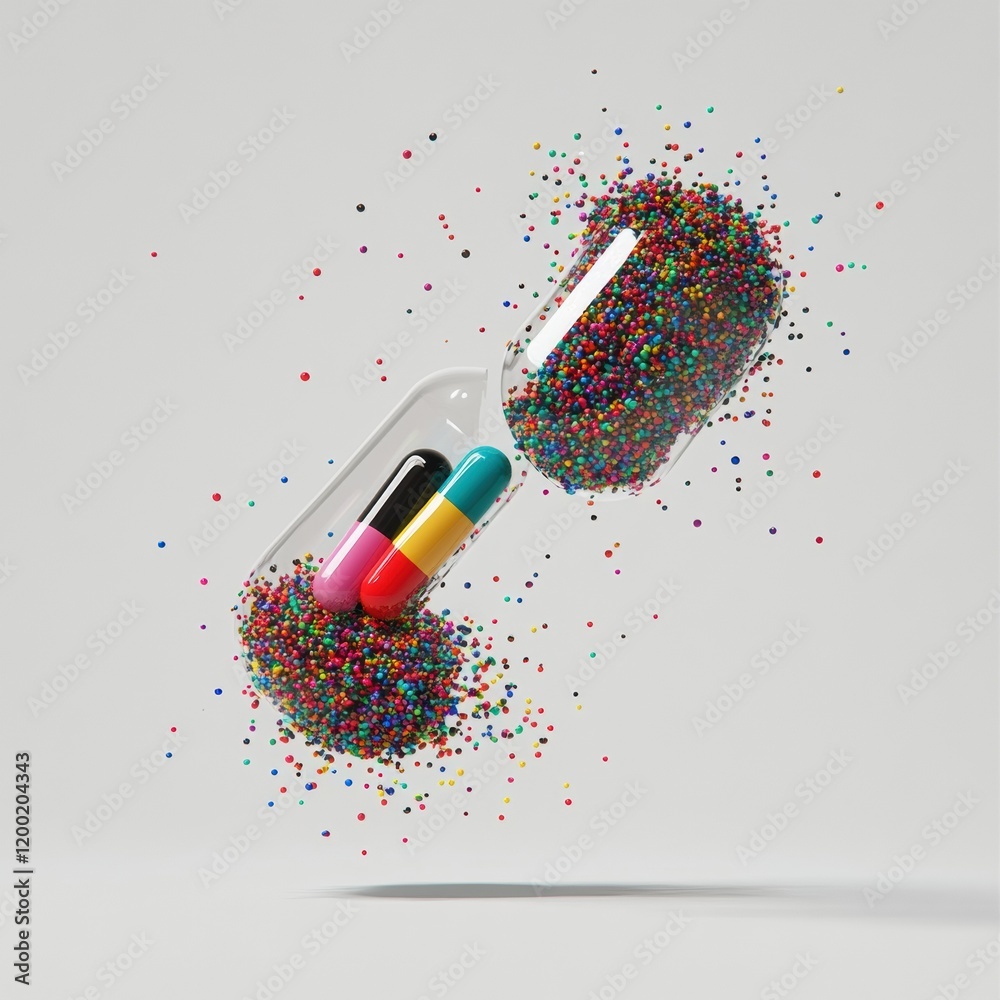 Aufkleber colorful particles spill from a split capsule in modern abstract display of vibrant creativity and d
