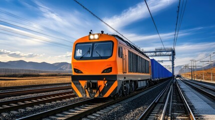 Fototapeta premium Bright Orange Freight Train Moving Along Railway Tracks Under Blue Sky and Cloudy Background