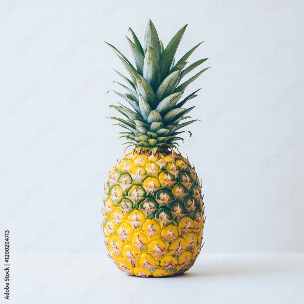 Poster fresh pineapple on a clean white surface showcasing vibrant colors and textures in natural light. ge
