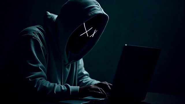 Mysterious Figure in Hoodie Using Laptop at Night, Cybersecurity Concept