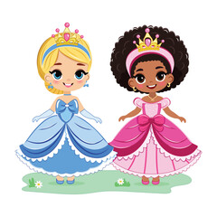 Fototapeta premium Cute different nationalities little princess with beautiful eyes and golden crown. Isolate on white background. Poster, Banner, Flyer, Greeting Card. Vector illustration in flat drawn cartoon style