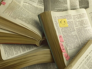 Aged books lay open, revealing yellowed pages filled with text and colorful sticky notes marking important passages.  Perfect for concepts of research, education, history, or literature.