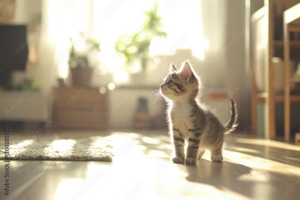 Poster kitten exploring a sunny living room while enjoying playful moments in warm light. generative ai