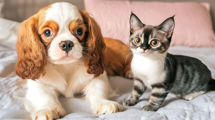 Adorable Cavalier King Charles Spaniel puppy and a curious tabby kitten snuggle together on a soft bed.  Perfect for pet adoption, veterinary, or pet product websites.
