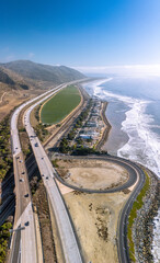 Aerial view of Highway 1, Rincon Beach Park and Santa Barbara Channel, California. 